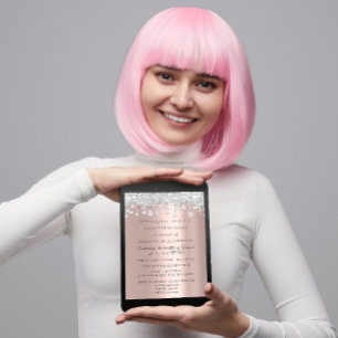 Crystals Glitter Silver Grey Rose Bridal Birthday Invitation