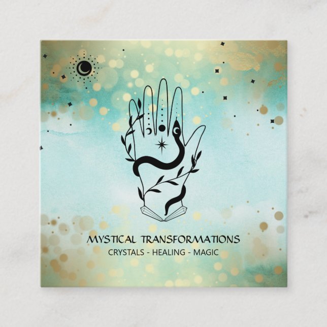 *~* Crystals Hand Snake  Moon Magic Boho Teal Square Business Card (Front)