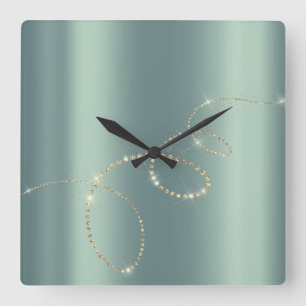 Crystals Mint Infinity Gold. Elegant Minimali Square Wall Clock