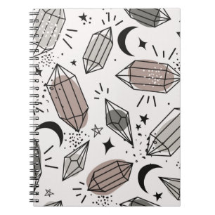 Crystals, moon, stars, hand drawn overlapping back notebook
