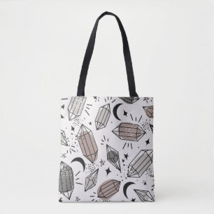 Crystals, moon, stars, hand drawn overlapping back tote bag