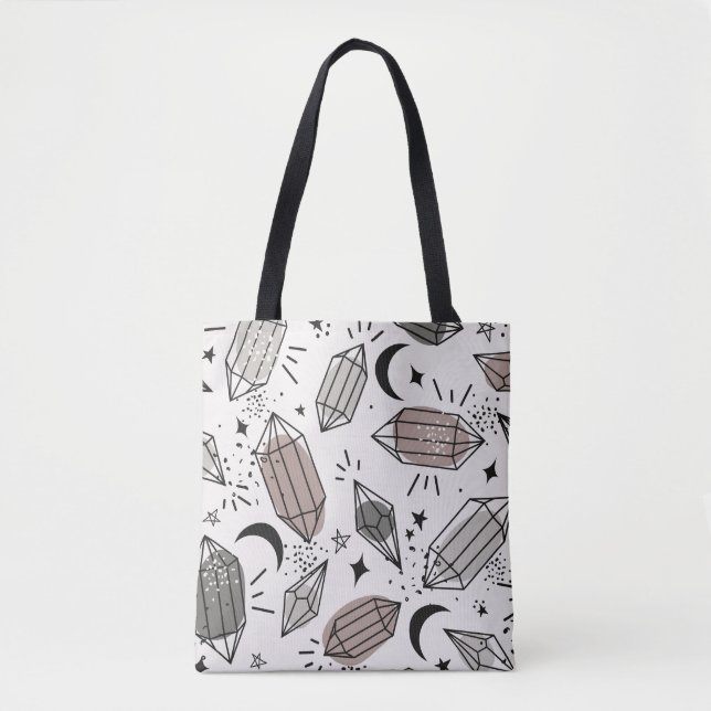 Crystals, Moon, Stars, Overlapping Design. Tote Bag (Front)