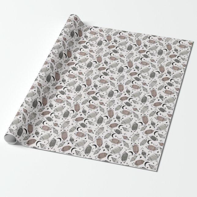 Crystals, Moon, Stars, Overlapping Design. Wrapping Paper (Unrolled)