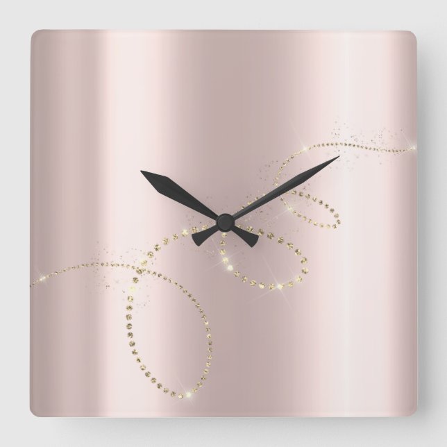 Crystals Rose Infinity Gold. Elegant Blush Square Wall Clock (Front)