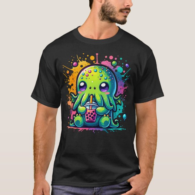 Cthulhu Kawaii Anime Alien Bubble Tea T-Shirt (Front)