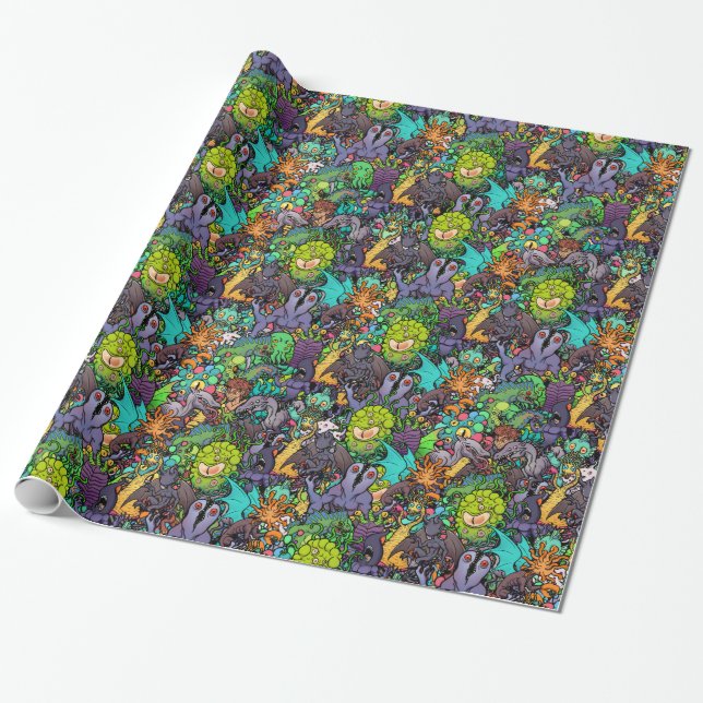 Cthulhu Lovecraft Mythos Chibi Bestiary Wrapping Paper (Unrolled)