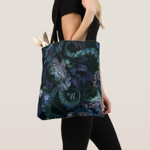 Cthulhu Turquoise Tentacle Flowers Mononogram Tote Bag