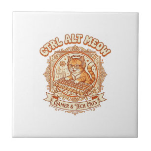 Ctrl Alt Meow Cat Gamer Tech Vintage Vector Art Sh Ceramic Tile