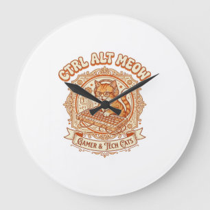 Ctrl Alt Meow Cat Gamer Tech Vintage Vector Art Sh Large Clock