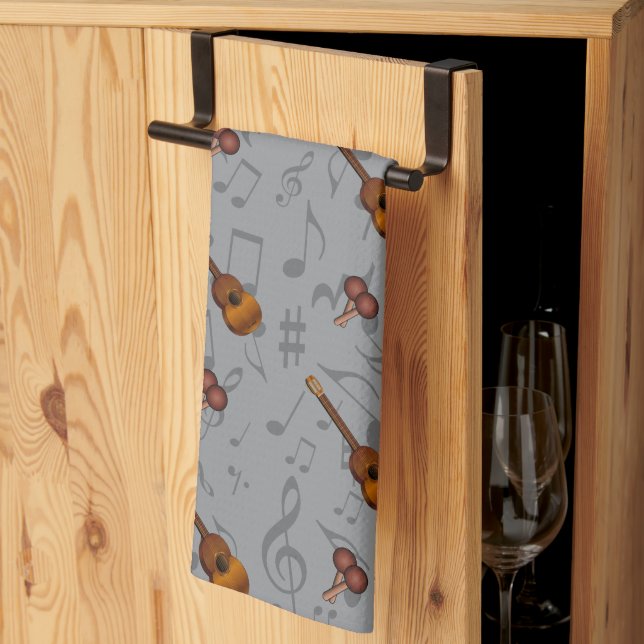 Cuatro and Maracas with Music Notes on LIGHT GREY Tea Towel (Thirds Fold)