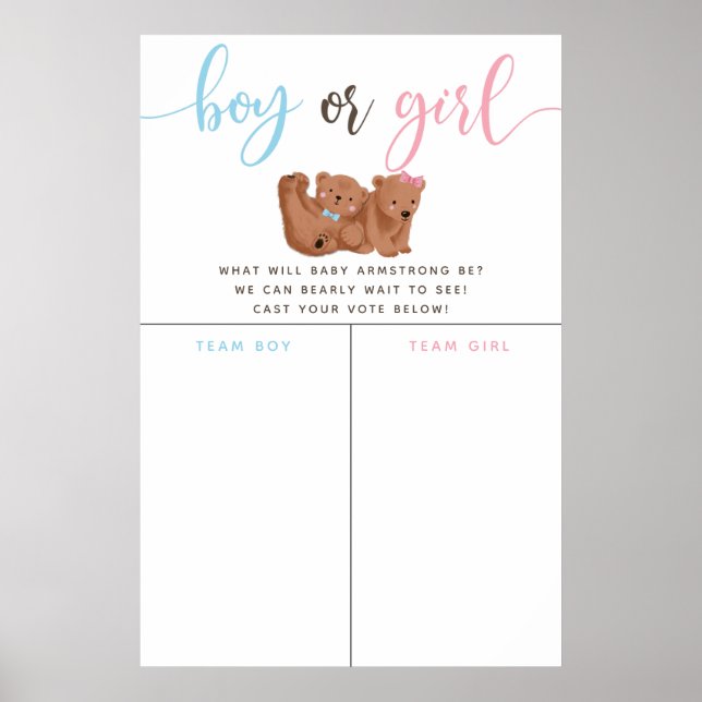 Cub Bear Theme Gender Reveal Voting Sign (Front)