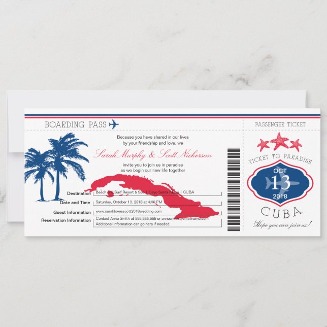 Cuba Boarding Pass Wedding Invitation (Front)