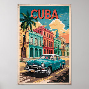 Cuba Classic Car Illustration Travel Art Vintage Poster