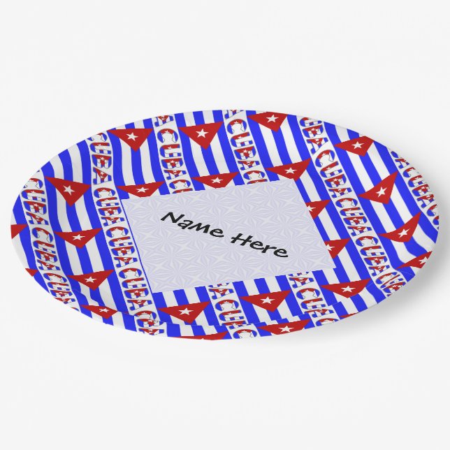 Cuba Cuban Flag Tiled Light Blue Personalised Name Paper Plate (Angled)