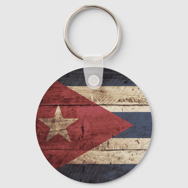 Cuba Flag on Old Wood Grain Key Ring (Front)