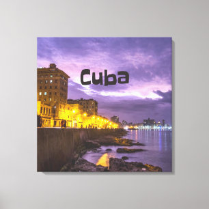 Cuba Havana Shoreline Citylights At Night Canvas Print
