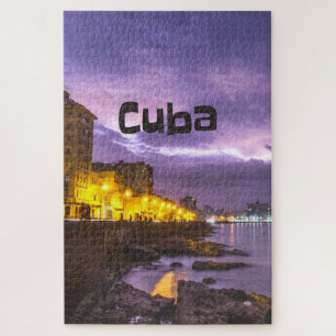 Cuba Havana Shoreline Citylights At Night Jigsaw Puzzle