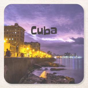 Cuba Havana Shoreline Citylights At Night Square Paper Coaster