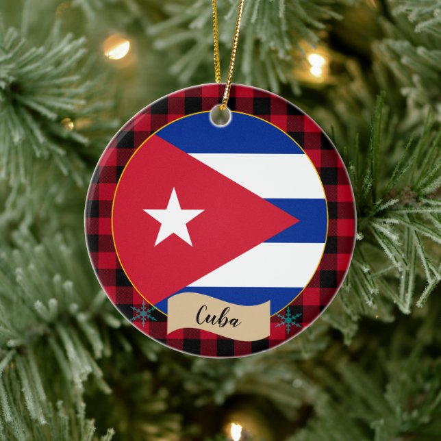 Cuba, Red buffalo plaid & Cuban Flag Ceramic Ornament (Tree)
