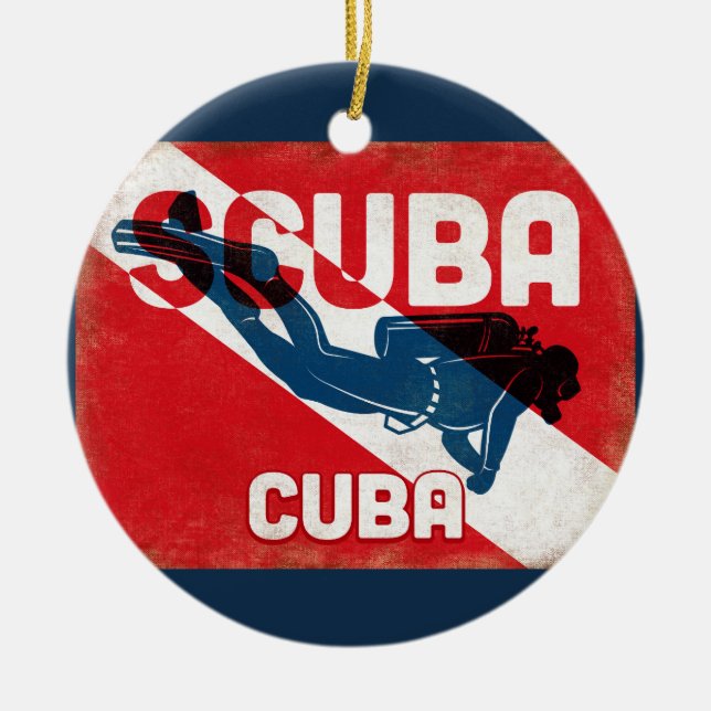 Cuba Scuba Diver - Blue Retro Ceramic Ornament (Front)
