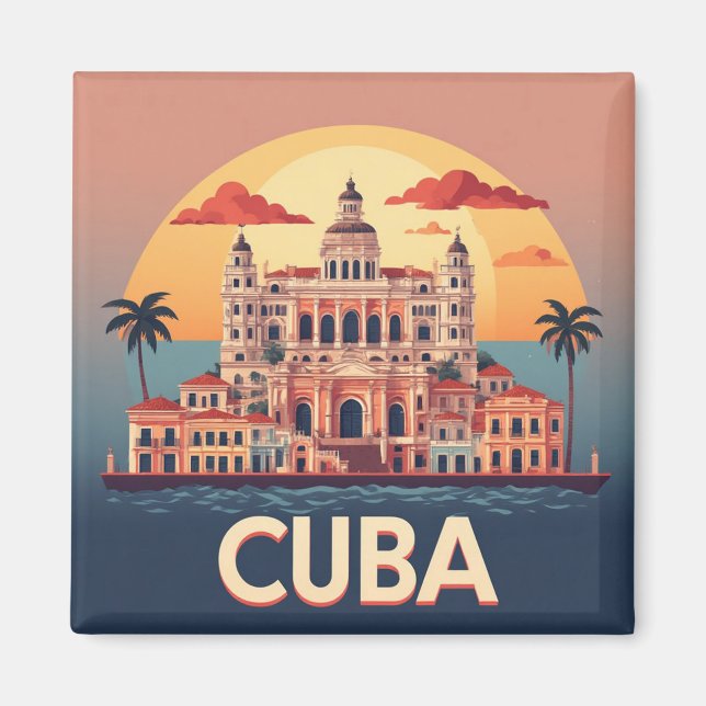 Cuba Seaside Palace at Sunset With Palm Trees Magnet (Front)
