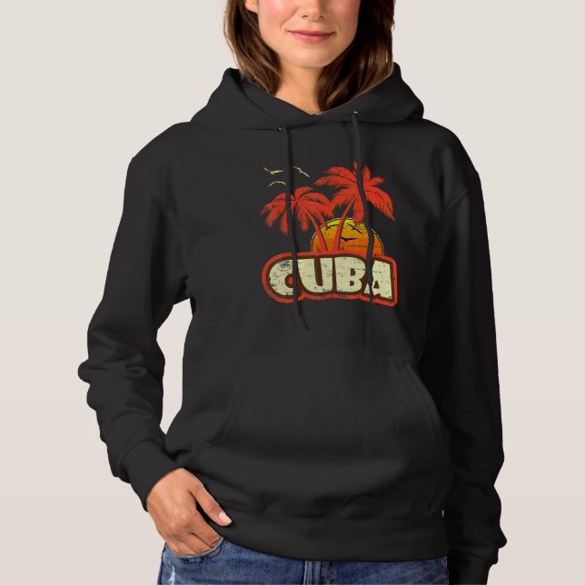 Cuba Summer Palm Trees 80s Beach Sunset Hoodie (Front)