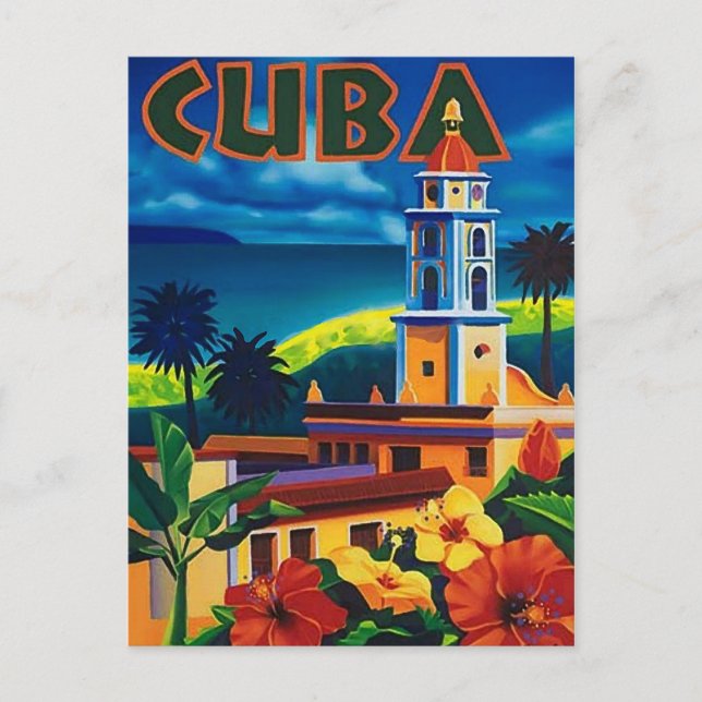 Cuba, tropic isle, city tower, vintage, travel postcard (Front)