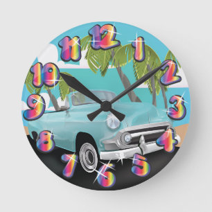 Cuba vintage car travel poster round clock
