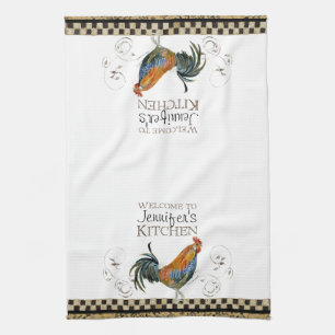 Cubalaya Rooster Black & Tan Check Swirl Kitchen Tea Towel