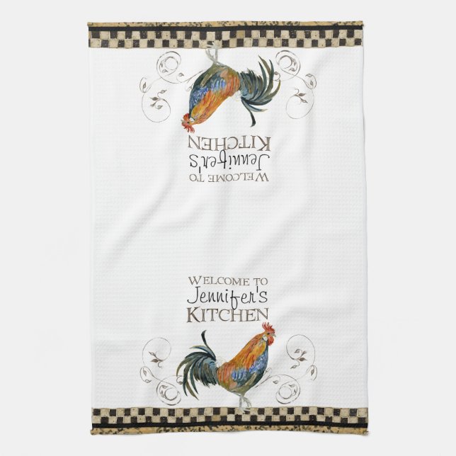 Cubalaya Rooster Black & Tan Check Swirl Kitchen Tea Towel (Vertical)