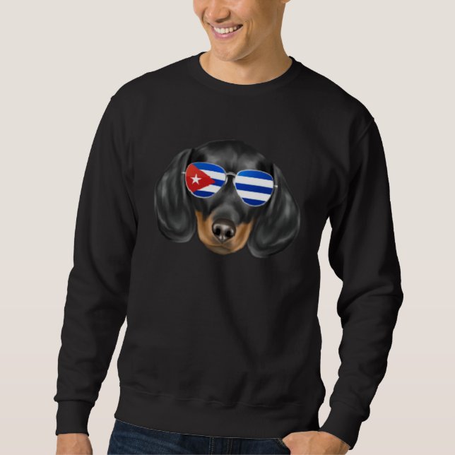 Cuban Flag Black Dachshund Dog Cuba Pocket Sweatshirt (Front)
