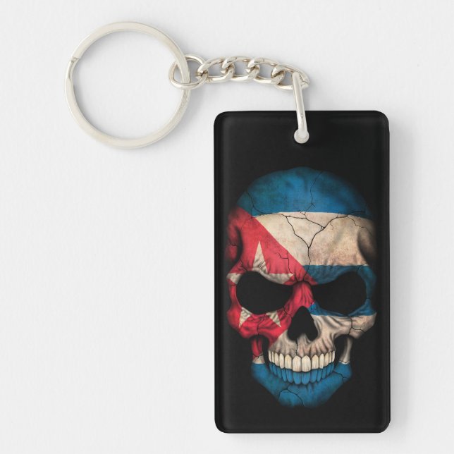 Cuban Flag Skull on Black Key Ring (Front)