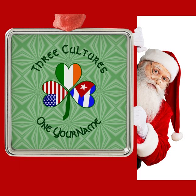 Cuban Irish American Flags Shamrock Your Name Metal Ornament (Creator Uploaded)