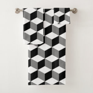 Cube Pattern Black White & Grey Bath Towel Set