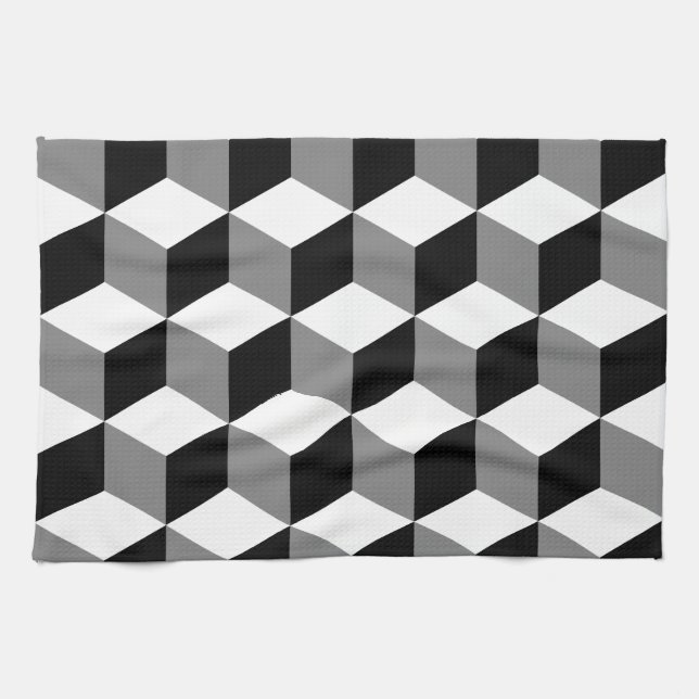 Cube Pattern Black White & Grey Tea Towel (Horizontal)