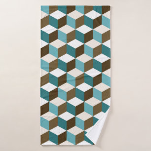 Cube Pattern Teals Brown Cream & White Bath Towel