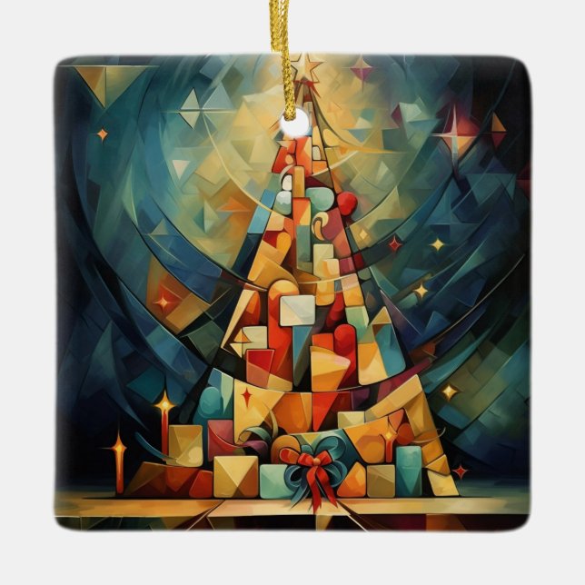 Cubism Christmas Tree Ceramic Ornament (Front)