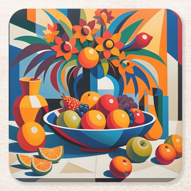 Cubism Fruit Bowl Flowers Coaster Set (Front)