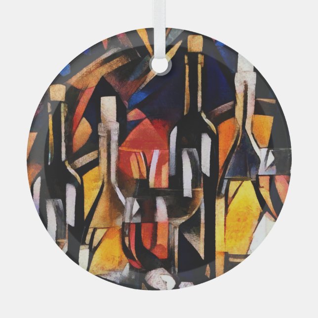 Cubism Wine Themes: Bottles & Grapes Glass Tree Decoration (Front)