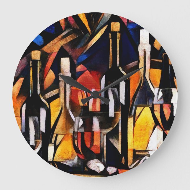 Cubism Wine Themes: Bottles & Grapes Large Clock (Front)