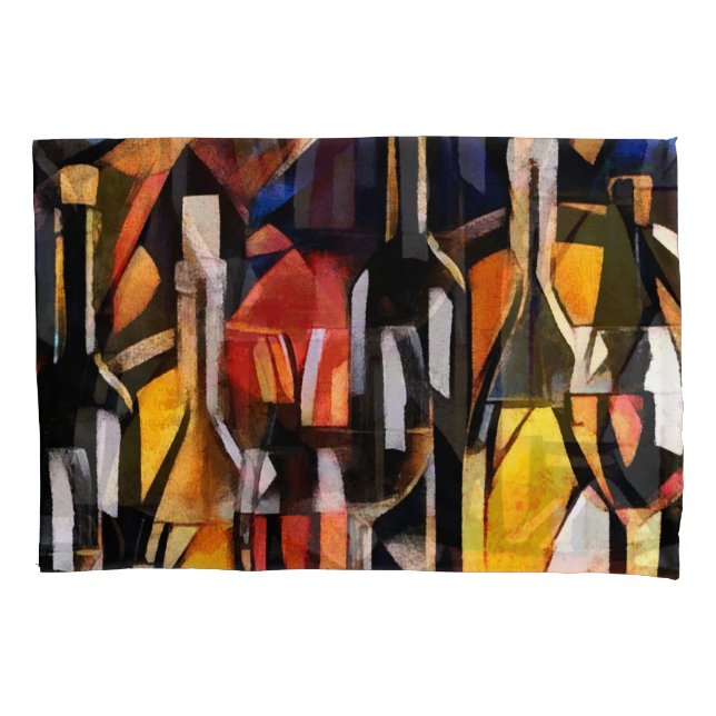 Cubism Wine Themes: Bottles & Grapes Pillowcase (Front)