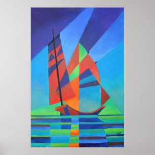 Cubist Abstract Junk Boat Against Deep Blue Sky Poster