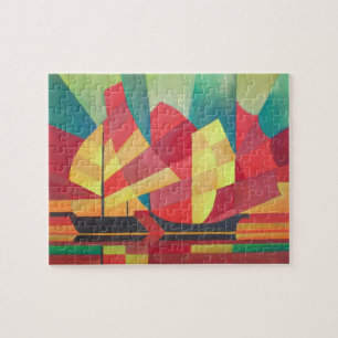 Cubist Abstract of Junk Sails and Ocean Skies Jigsaw Puzzle