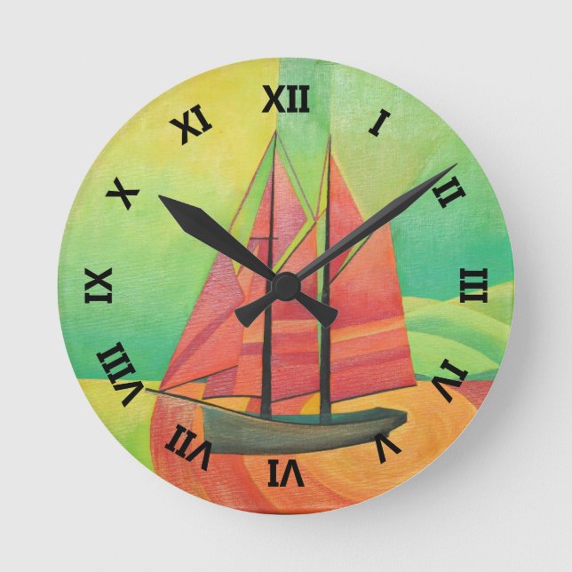 Cubist Abstract Sailing Boat Geometric Art Round Clock (Front)