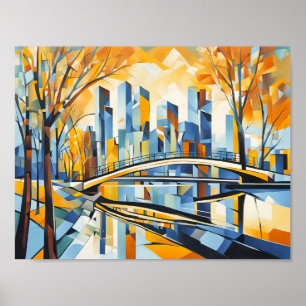 Cubist Autumn Bridge in Cityscape Poster