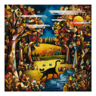  Cubist Autumn Forest with River and Meadow  Poster