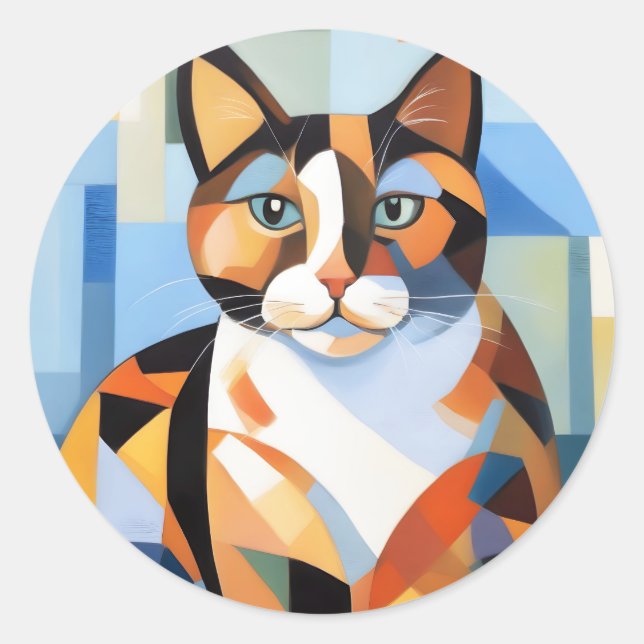 Cubist Calico Cat Composition Painting Classic Round Sticker (Front)