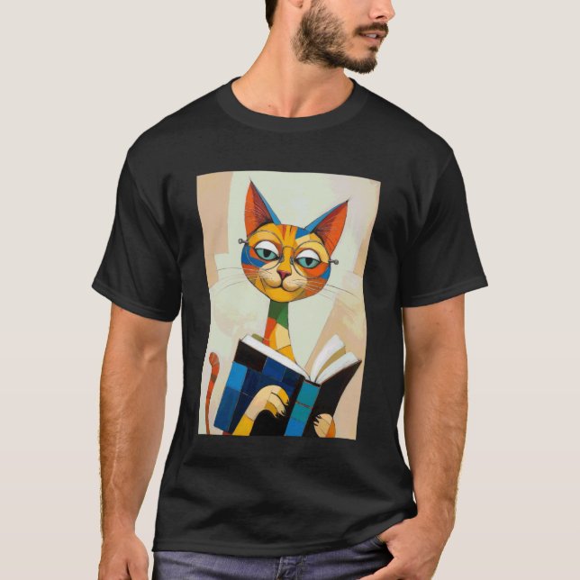 Cubist Cat Reader Boho Bookish Art T-Shirt (Front)