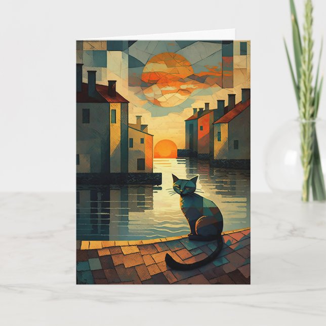 Cubist Cat: Sunset on Venetian Waters Thank You Card (Front)
