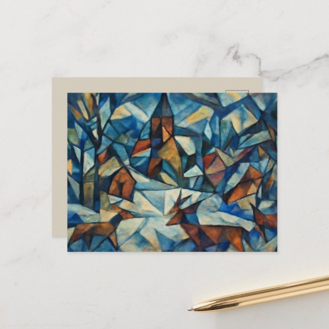 Cubist Expressionist Winter Village Postcard (Front/Back In Situ)